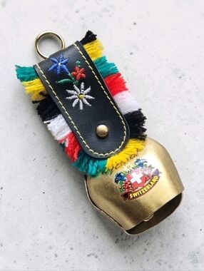 Vintage Switzerland Zermatt Brass Cow Bell Leather Strap Fringe Embroidered